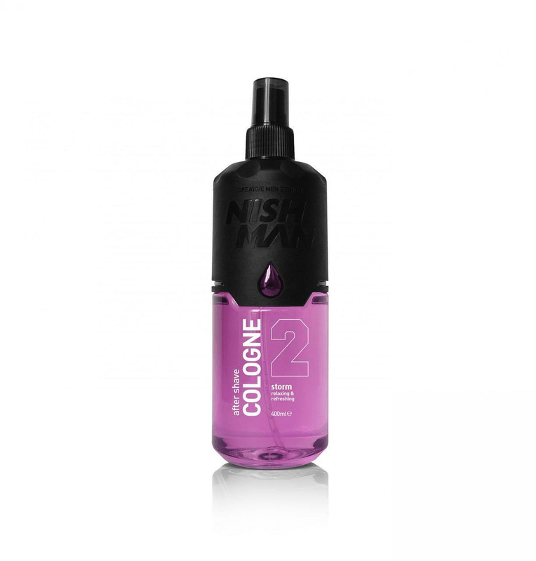 Nish Man aftershave cologne No. 2 Storm in a 400ml spray bottle with a purple liquid, ideal for barbers and personal grooming in Cyprus.