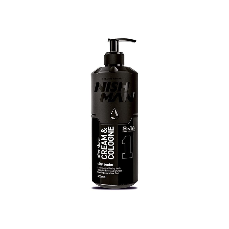 Nish Man aftershave cream and cologne 2-in-1 in a black pump bottle, designed for barbers and personal grooming in Cyprus.