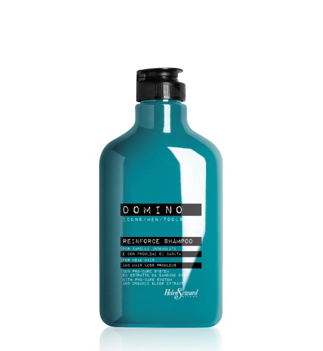 Domino Reinforce Shampoo by Helen Seward in a teal bottle, designed to strengthen weak hair and reduce hair loss, ideal for barbers in Larnaca.