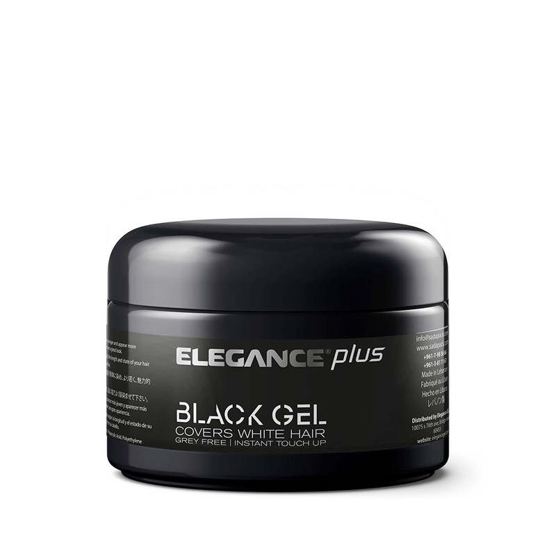 Elegance Plus Black Gel in a sleek black jar, designed to cover white hair and provide an instant touch-up, ideal for barbers in Larnaca.