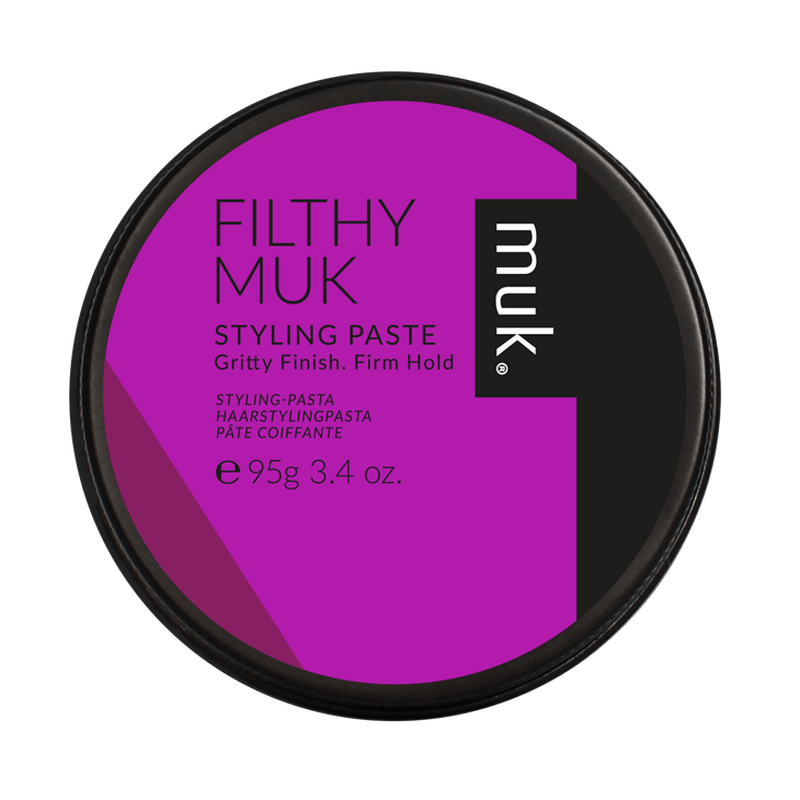 Filthy Muk Styling Paste in a 95g black and purple tin, offering a gritty finish with firm hold, ideal for barbers in Larnaca.