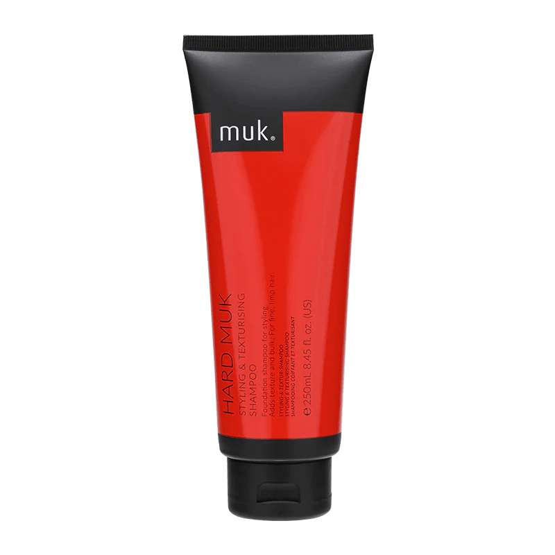 Muk Hard Muk Styling & Texturising Shampoo in a 250ml red and black tube, designed for adding volume and texture to hair, ideal for barbers in Cyprus.