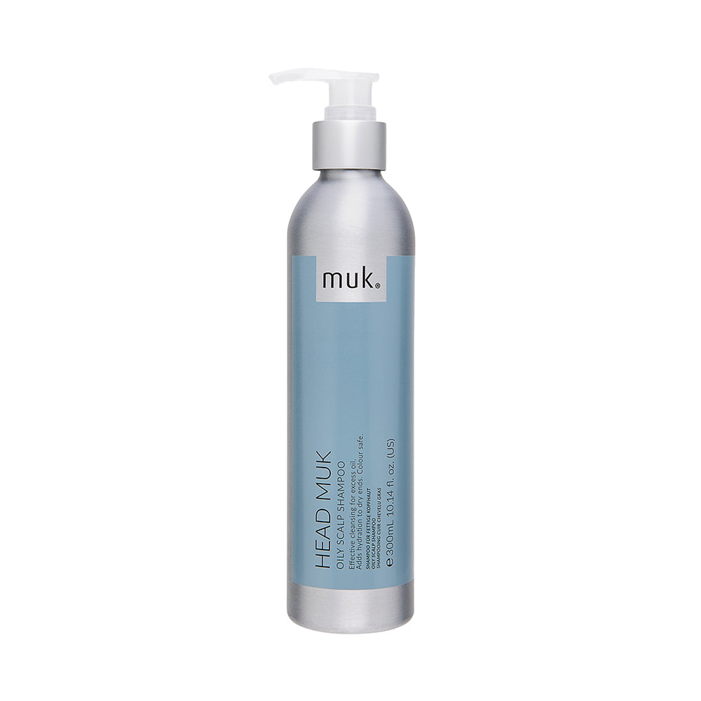 Muk Head Muk Oily Scalp Shampoo in a 300ml silver and blue pump bottle, designed to cleanse excess oil and refresh the scalp, ideal for barbers in Cyprus.