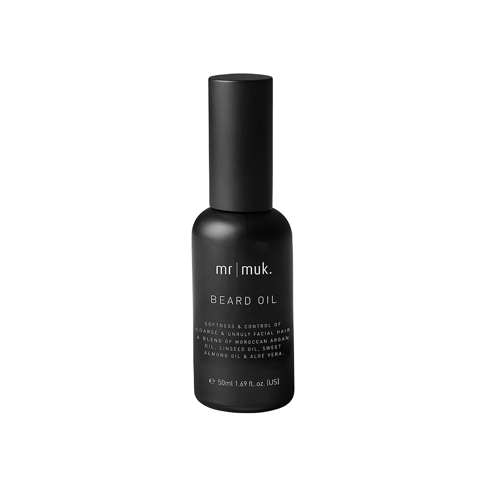 Mr Muk Beard Oil in a sleek black 50ml bottle, designed to soften and nourish facial hair, ideal for barbers in Larnaca.