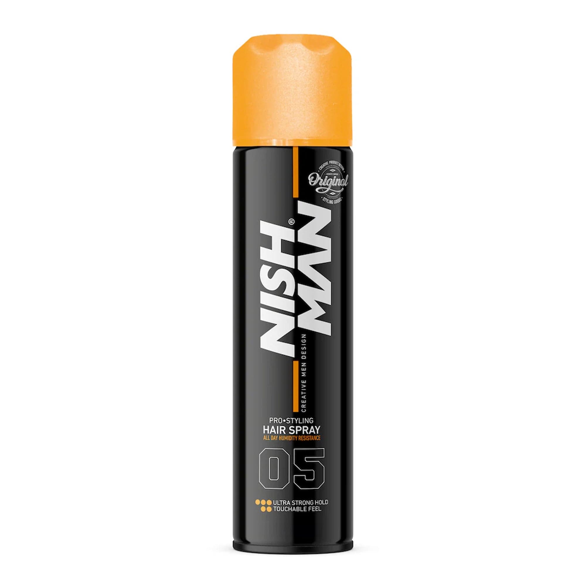 Nish Man Pro-Styling Hair Spray 05 in a black and orange can, providing ultra-strong hold and humidity resistance, ideal for barbers in Larnaca.