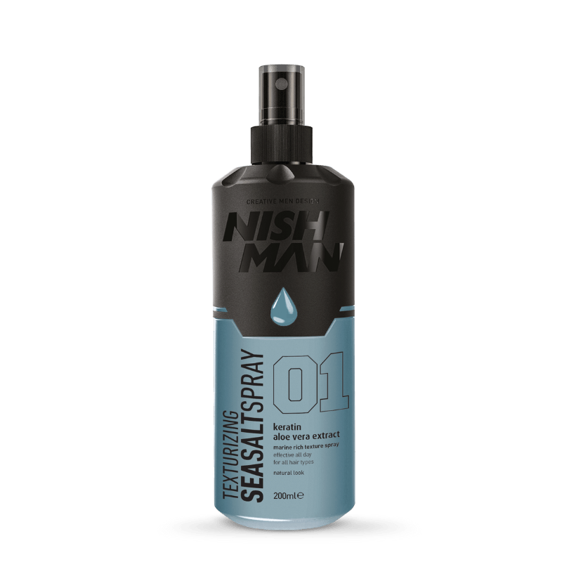 Nish Man Texturizing Sea Salt Spray 01 in a 200ml black and blue bottle, designed to add volume and texture with a natural look, ideal for barbers in Larnaca.