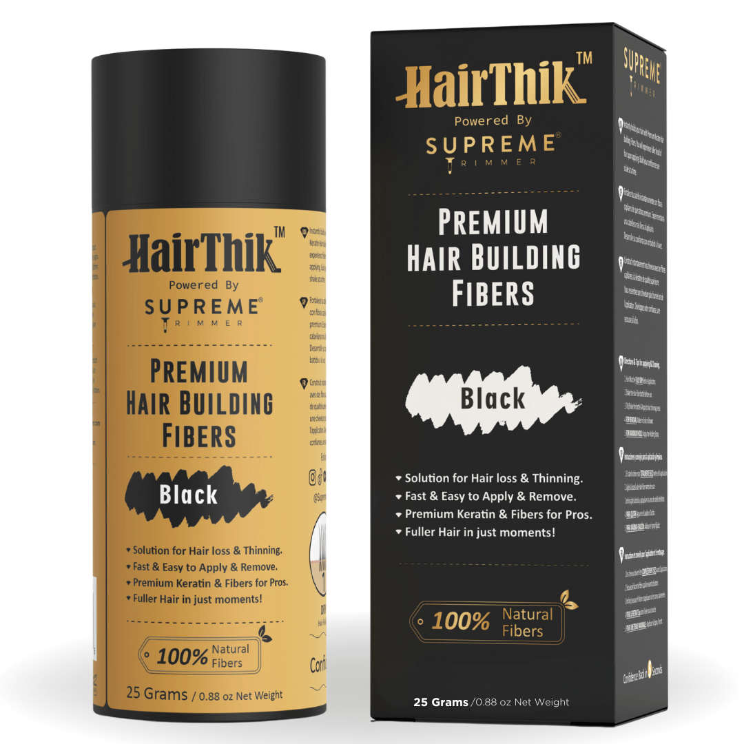 HairThik Premium Hair Building Fibers in black, a 25g bottle designed to conceal hair thinning and add volume, ideal for barbers in Larnaca.