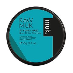 Raw Muk Styling Mud in a 95g black and teal tin, offering a gloss finish with firm hold, ideal for barbers in Larnaca.