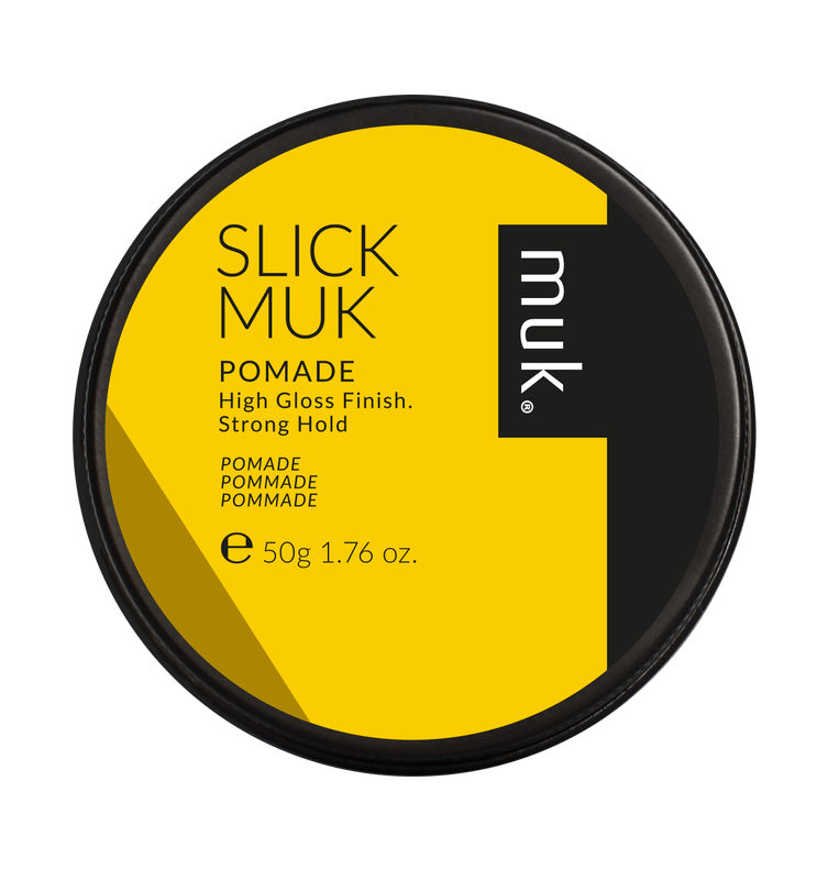 Slick Muk Pomade in a 50g black and yellow tin, providing a high-gloss finish with a strong hold, ideal for barbers in Larnaca.