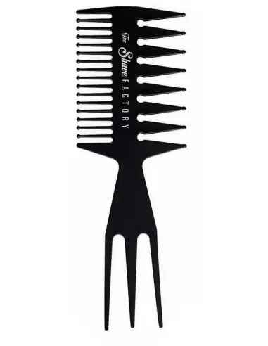 The Shave Factory professional styling comb in black, featuring a unique dual-sided design with a handle fork, ideal for barbers in Larnaca.