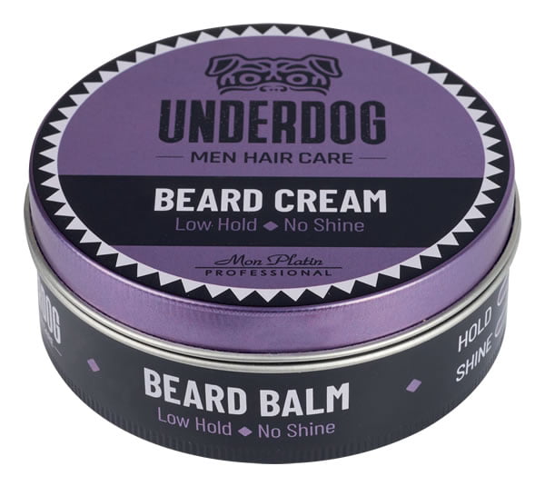 Underdog Beard Cream and Beard Balm by Mon Platin Professional in a purple and black tin, offering low hold and no shine, ideal for barbers in Larnaca.