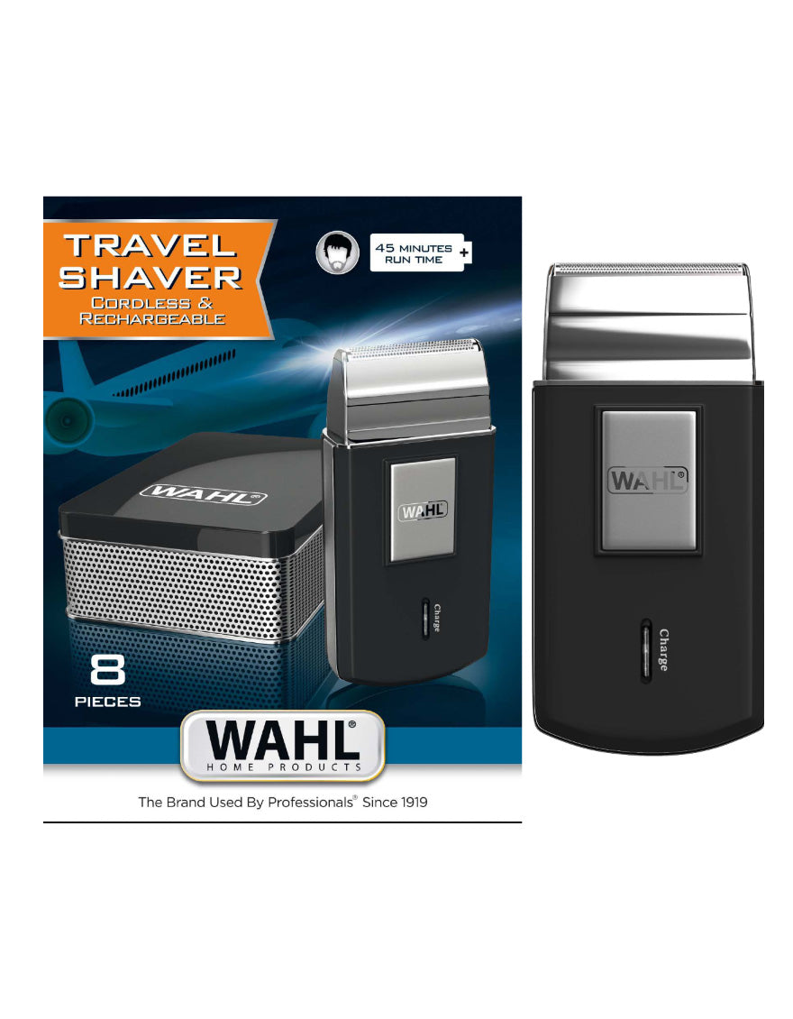 Wahl travel shaver cordless and rechargeable, featuring a sleek black design with a metal foil head, ideal for barbers and personal grooming in Cyprus.